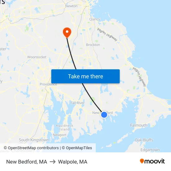 New Bedford, MA to Walpole, MA map