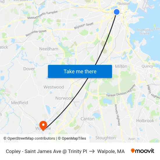 Copley - Saint James Ave @ Trinity Pl to Walpole, MA map