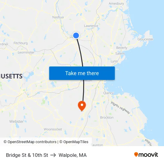 Bridge St & 10th St to Walpole, MA map