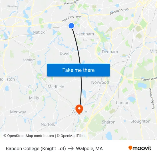 Babson College (Knight Lot) to Walpole, MA map
