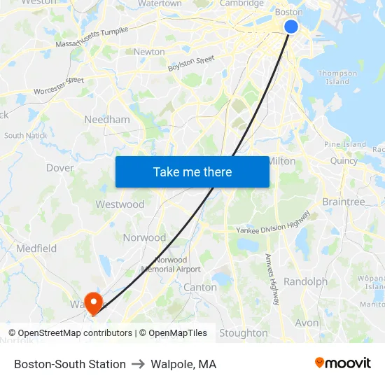 Boston-South Station to Walpole, MA map