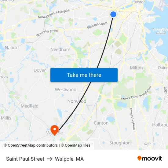 Saint Paul Street to Walpole, MA map