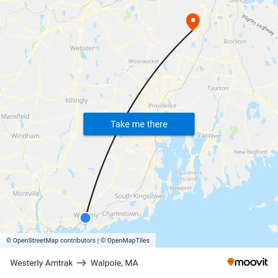 Westerly Amtrak to Walpole, MA map