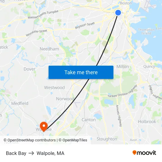 Back Bay to Walpole, MA map