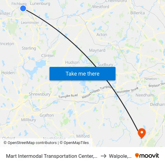 Mart Intermodal Transportation Center, Fitchburg to Walpole, MA map