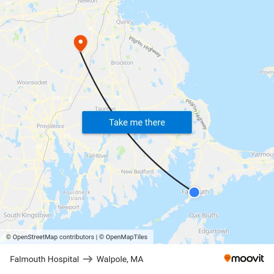 Falmouth Hospital to Walpole, MA map