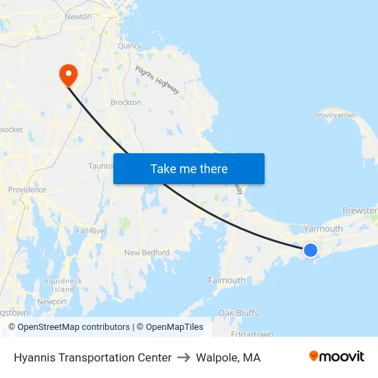 Hyannis Transportation Center to Walpole, MA map