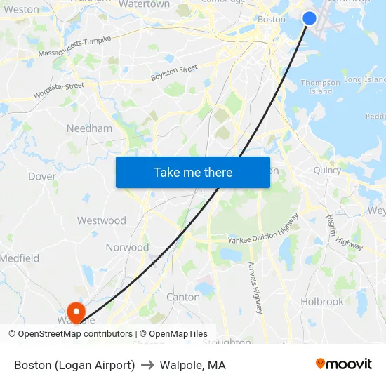 Boston (Logan Airport) to Walpole, MA map