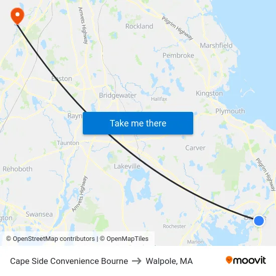 Cape Side Convenience Bourne to Walpole, MA map