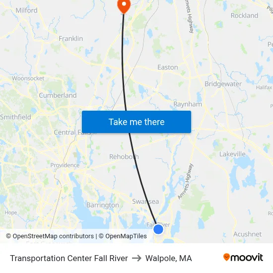 Transportation Center Fall River to Walpole, MA map
