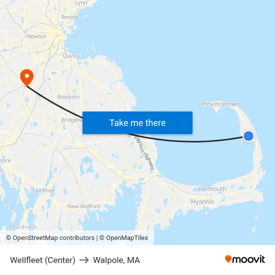 Wellfleet (Center) to Walpole, MA map
