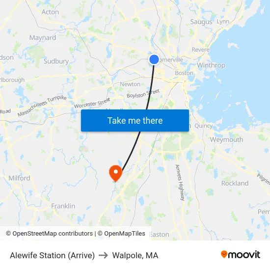 Alewife Station (Arrive) to Walpole, MA map