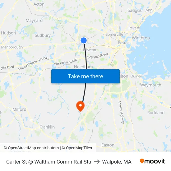 Carter St @ Waltham Comm Rail Sta to Walpole, MA map