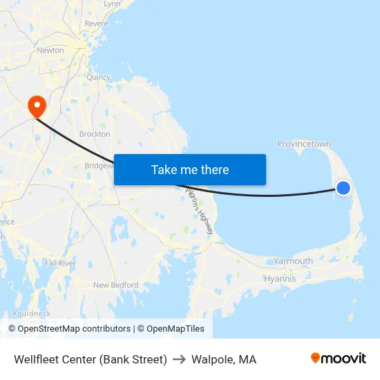 Wellfleet Center (Bank Street) to Walpole, MA map