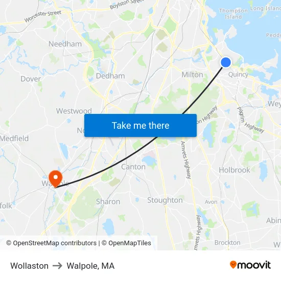 Wollaston to Walpole, MA map