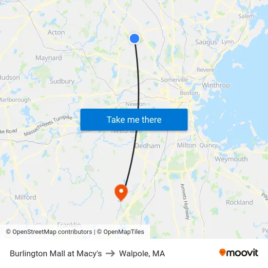 Burlington Mall at Macy's to Walpole, MA map