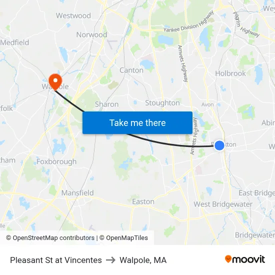 Pleasant St at Vincentes to Walpole, MA map