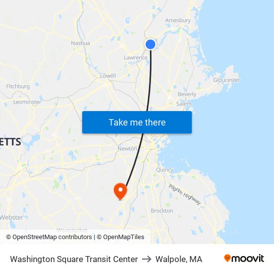 Washington Square Transit Center to Walpole, MA map