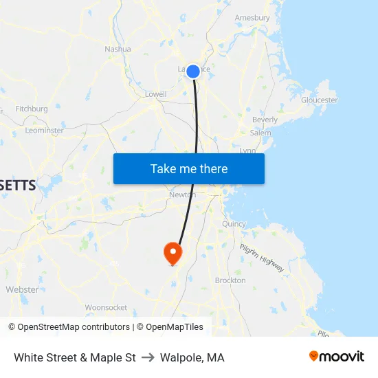 White Street & Maple St to Walpole, MA map