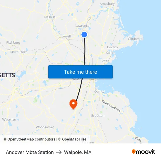 Andover Mbta Station to Walpole, MA map