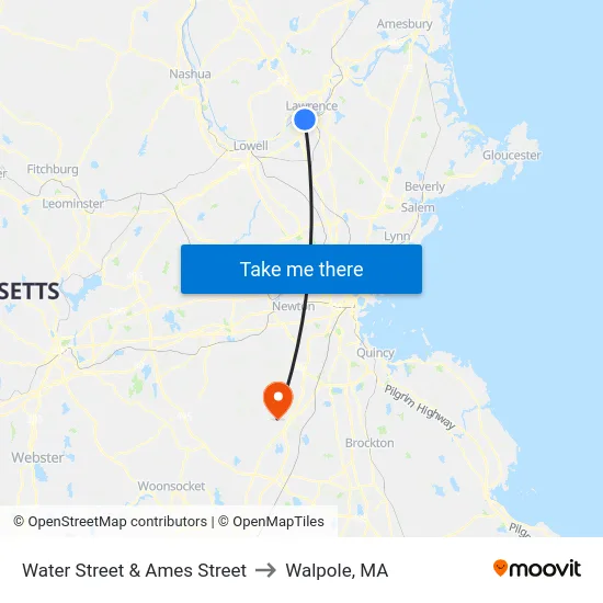 Water Street & Ames Street to Walpole, MA map