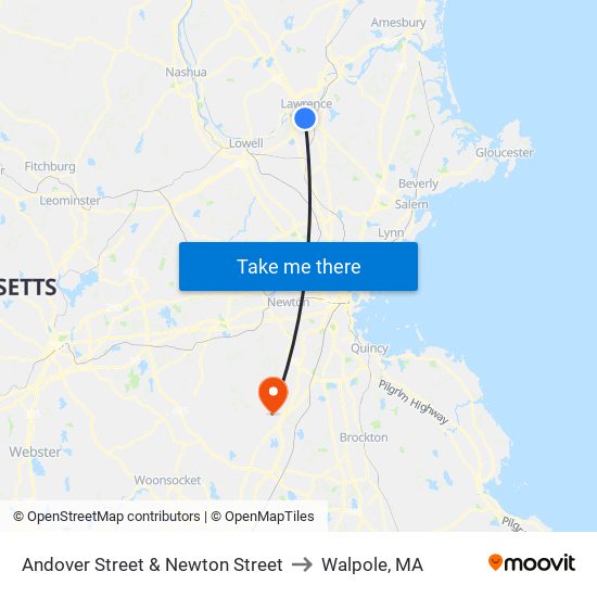 Andover Street & Newton Street to Walpole, MA map