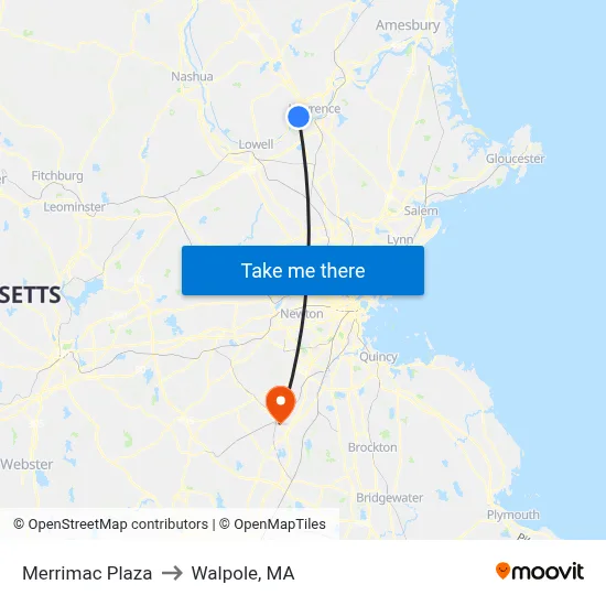 Merrimac Plaza to Walpole, MA map