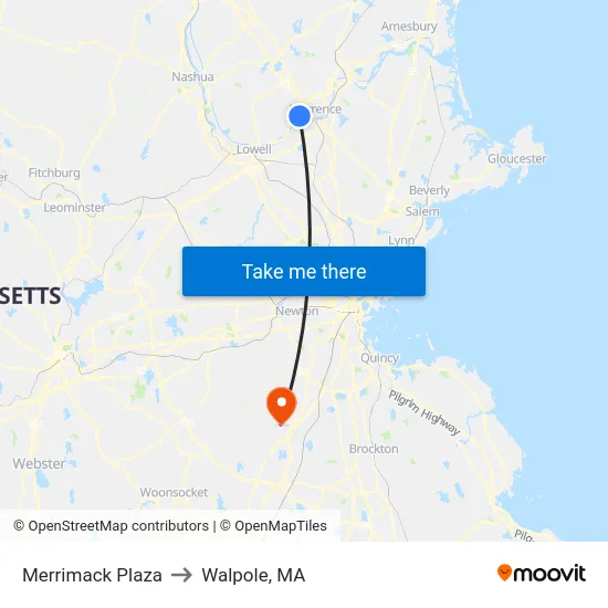 Merrimack Plaza to Walpole, MA map