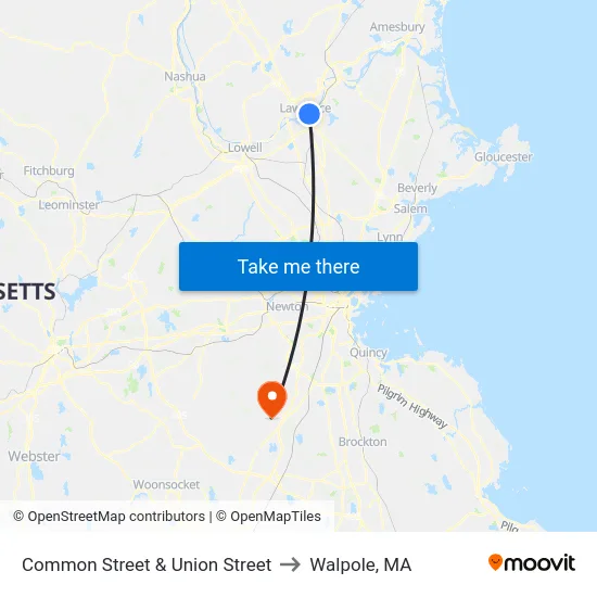 Common Street & Union Street to Walpole, MA map