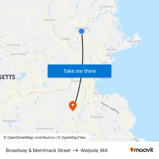 Broadway & Merrimack Street to Walpole, MA map