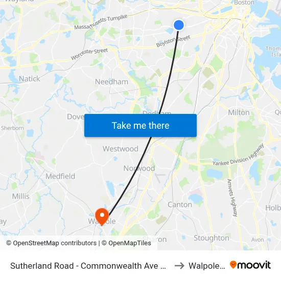 Sutherland Road - Commonwealth Ave @ Colborne Rd to Walpole, MA map