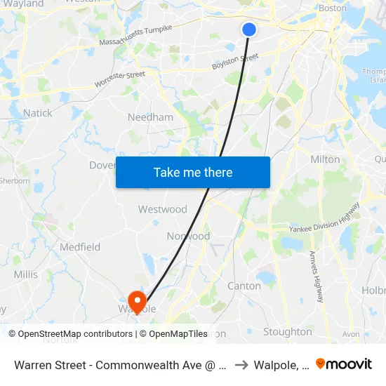 Warren Street - Commonwealth Ave @ Kelton St to Walpole, MA map