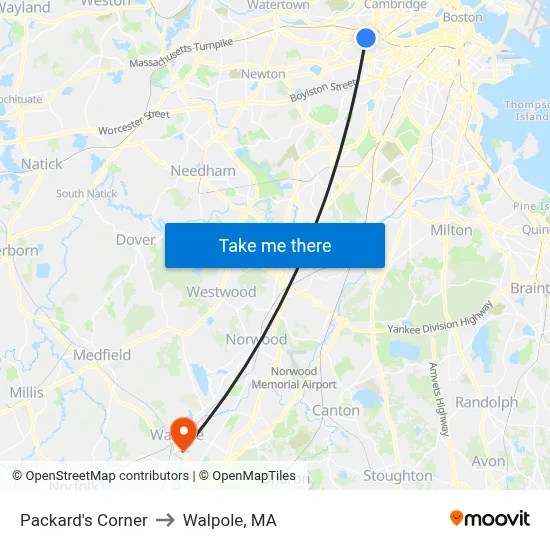 Packard's Corner to Walpole, MA map