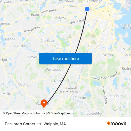 Packard's Corner to Walpole, MA map