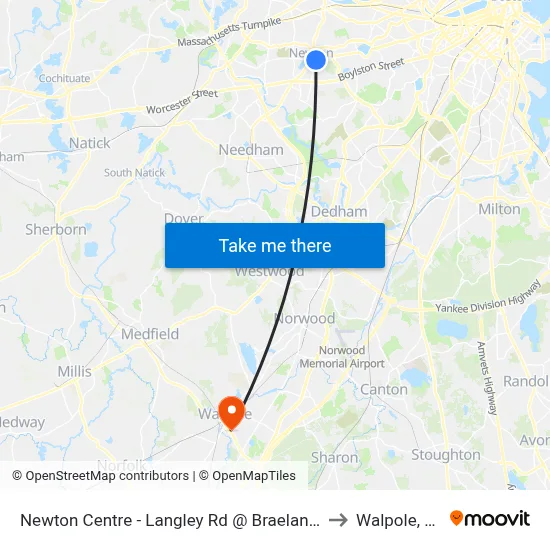 Newton Centre - Langley Rd @ Braeland Ave to Walpole, MA map