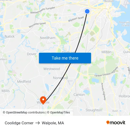 Coolidge Corner to Walpole, MA map