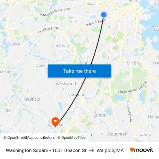 Washington Square - 1601 Beacon St to Walpole, MA map