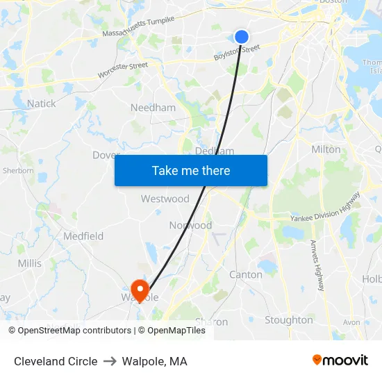 Cleveland Circle to Walpole, MA map
