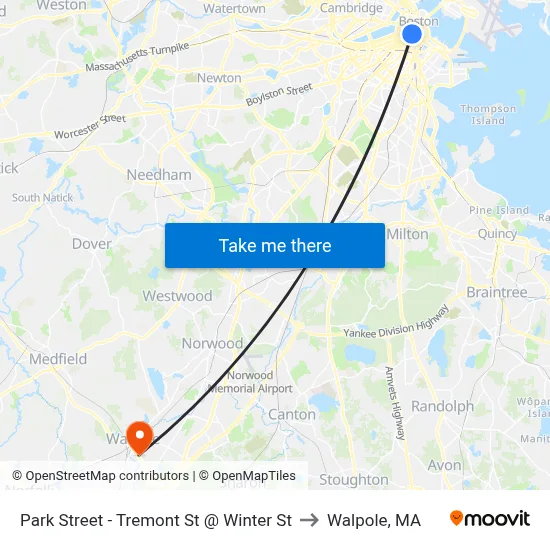 Park Street - Tremont St @ Winter St to Walpole, MA map