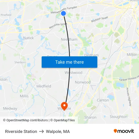 Riverside Station to Walpole, MA map