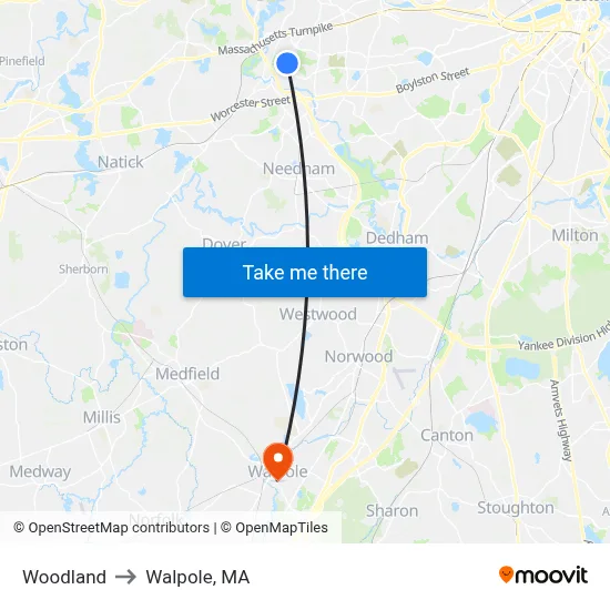 Woodland to Walpole, MA map