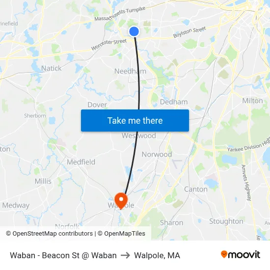 Waban - Beacon St @ Waban to Walpole, MA map