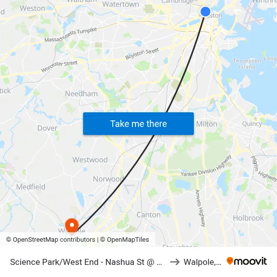 Science Park/West End - Nashua St @ Leverett Cir to Walpole, MA map