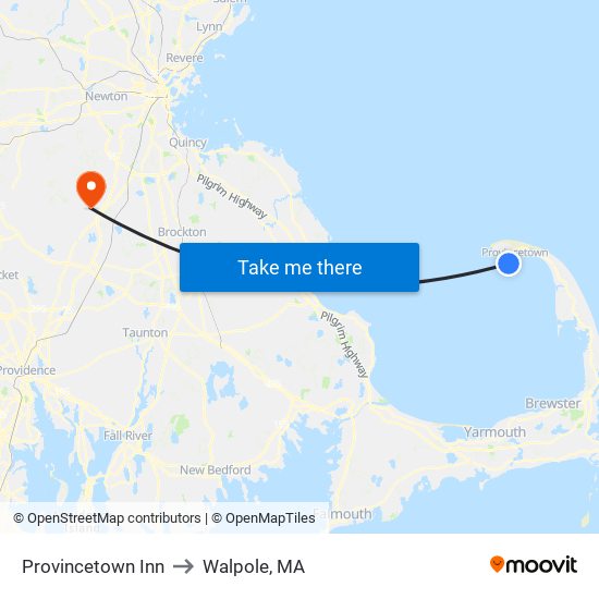 Provincetown Inn to Walpole, MA map