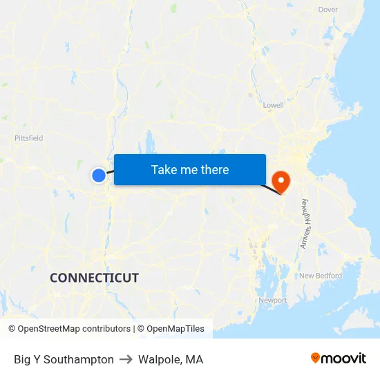 Big Y Southampton to Walpole, MA map