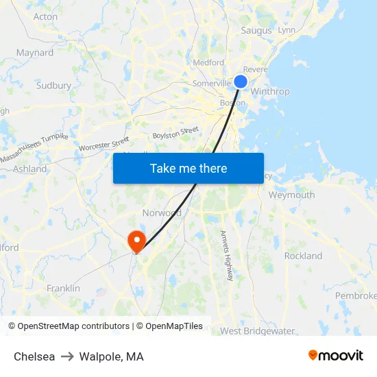 Chelsea to Walpole, MA map