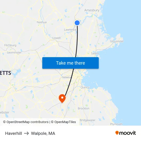 Haverhill to Walpole, MA map