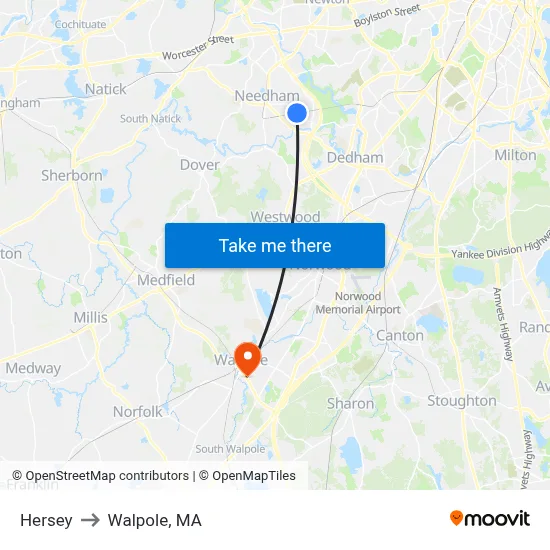 Hersey to Walpole, MA map