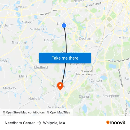 Needham Center to Walpole, MA map