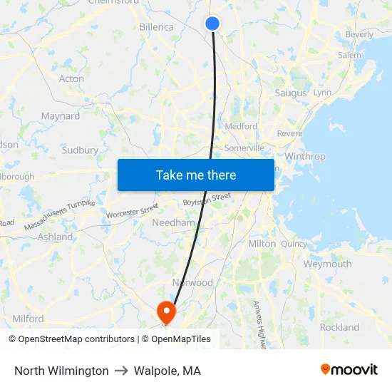 North Wilmington to Walpole, MA map